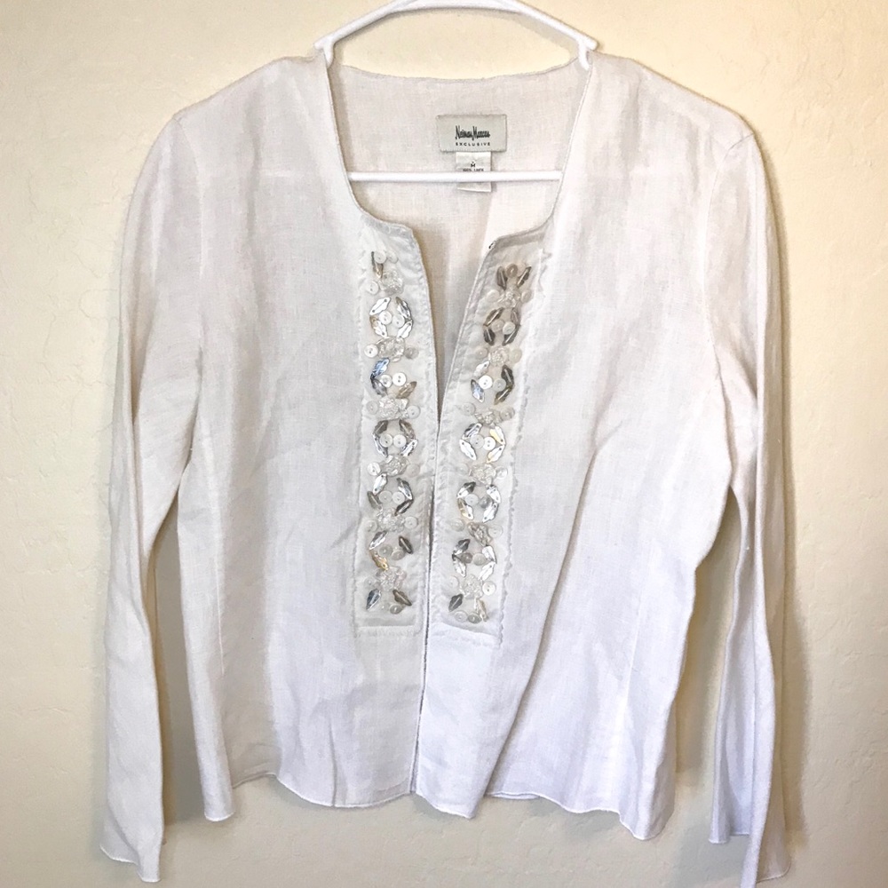 Neiman Marcus 100% Linen Beaded Jacket Top Medium